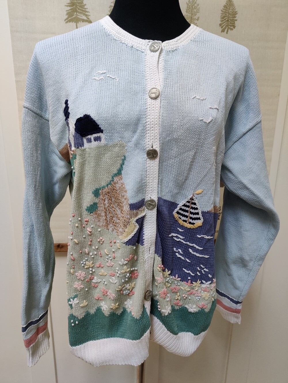 Northern Reflections Vintage Nautical Coastal Cottage Cardigan Sweater Medium